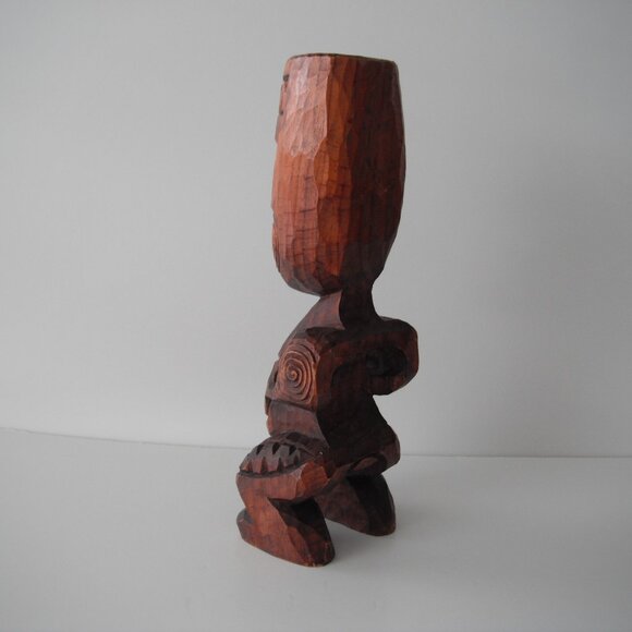 Vintage New Zealand Maori 11" Hand Carved Wood Teko Tiki Totem Statue Shell Eyes - Picture 4 of 9